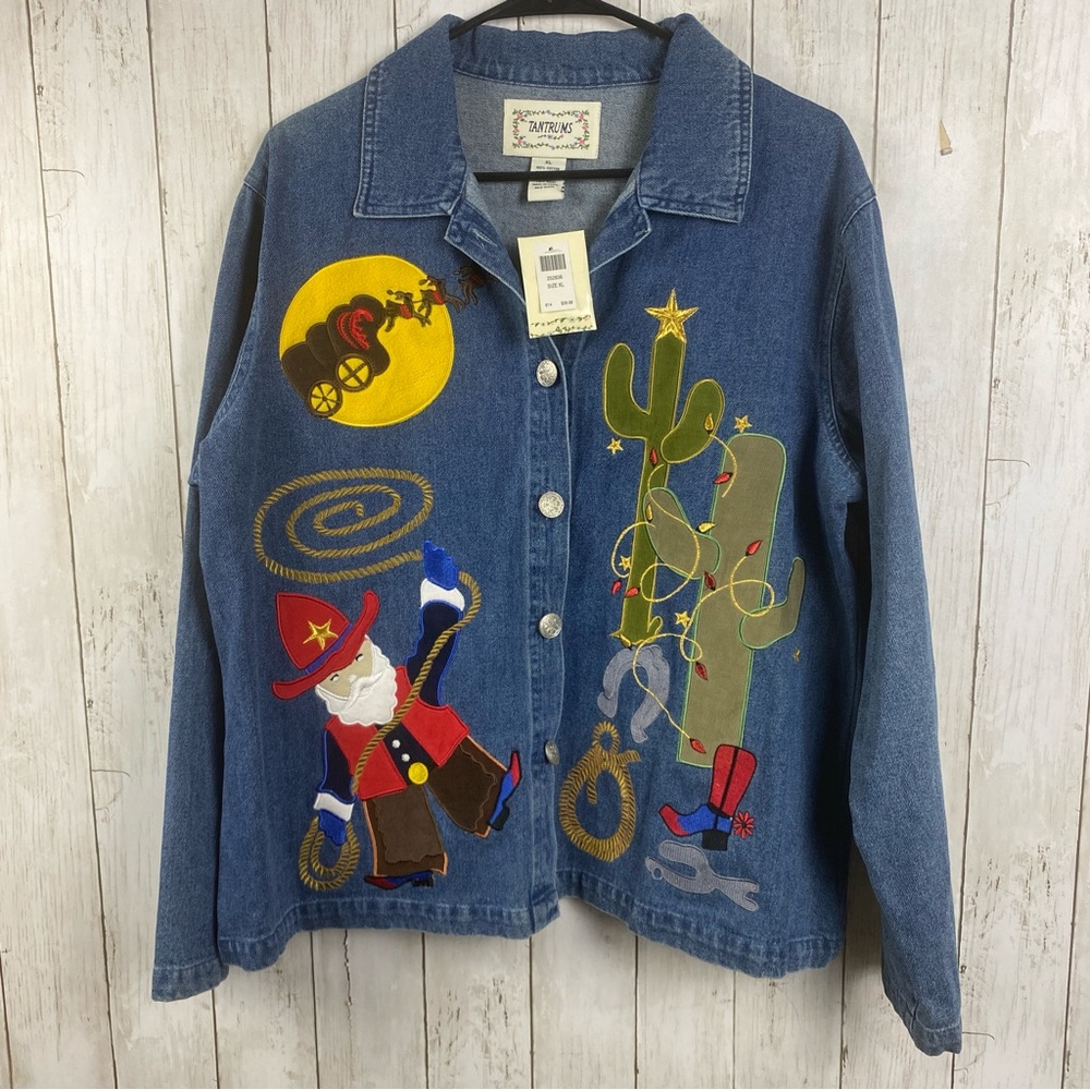 NWT Tantrums Denim Jacket Embroidered Christmas Cactus Western Theme Holiday XL